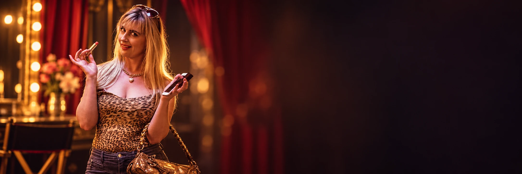 Barbara Loots als actrice met lipstick, telefoon en handtas in een theaterkleedkamer