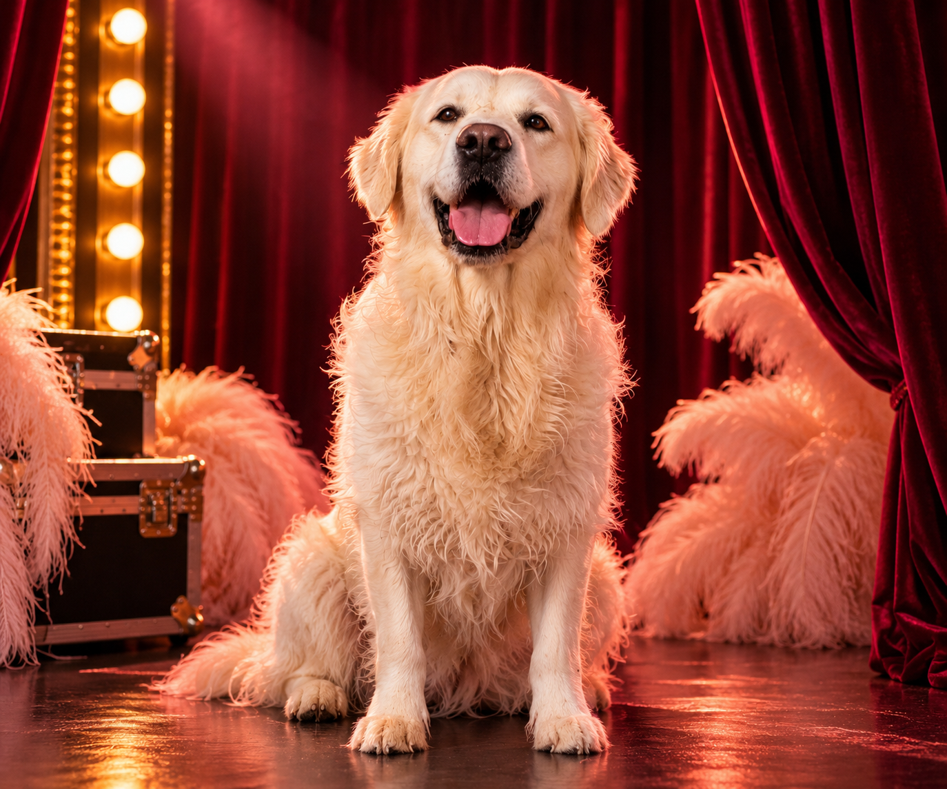 Louie, de golden retriever van Barbara Loots, in een theatrale setting